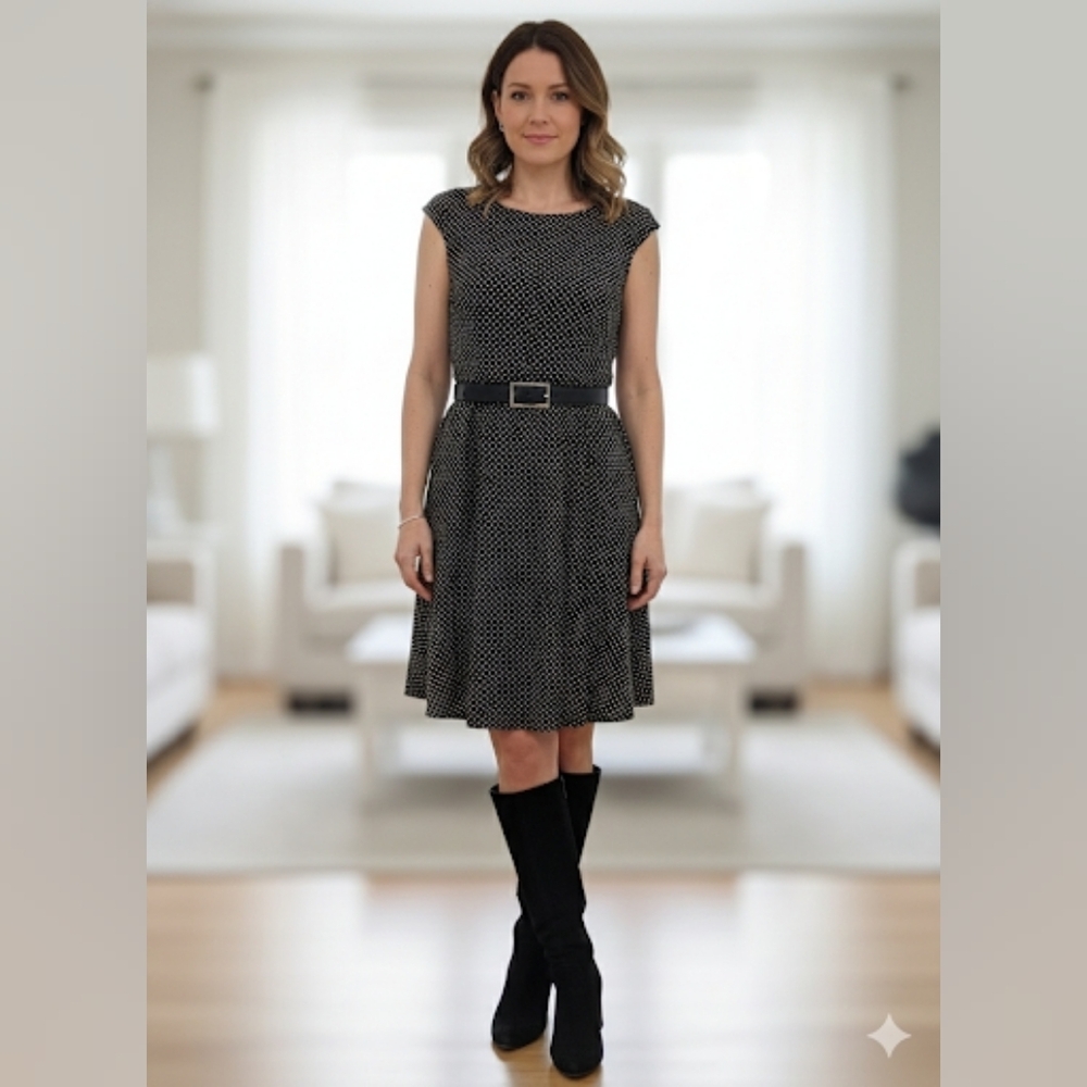 CHAPS Black and White Patterned Midi Dress. Size M